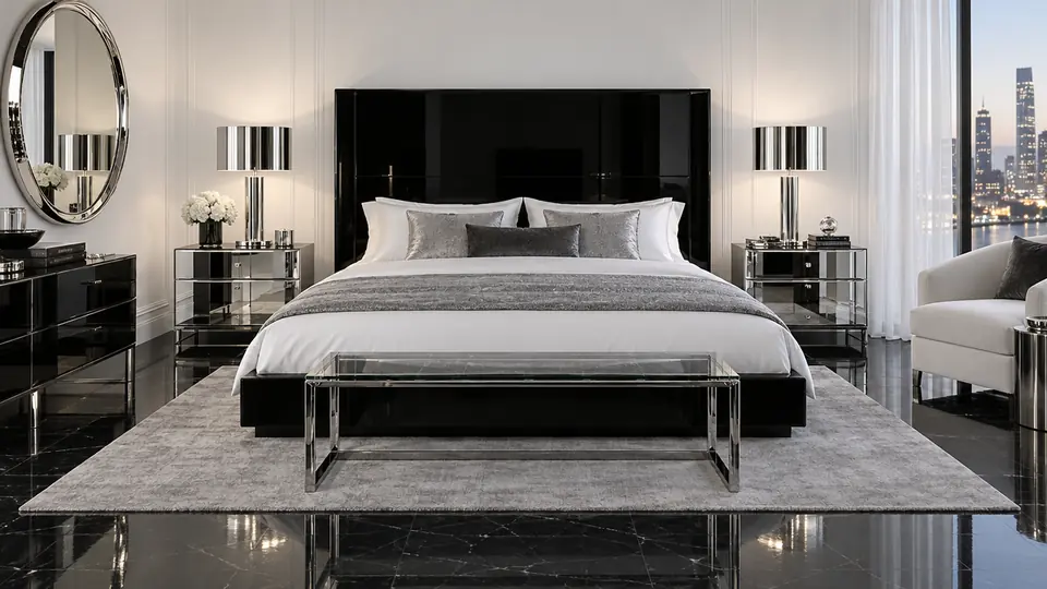 Bedroom with a black lacquer headboard and mirrored nightstands