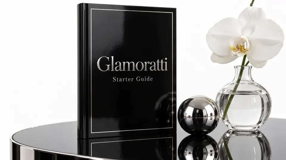 Glamoratti Starter Guide, a glossy black book with silver lettering