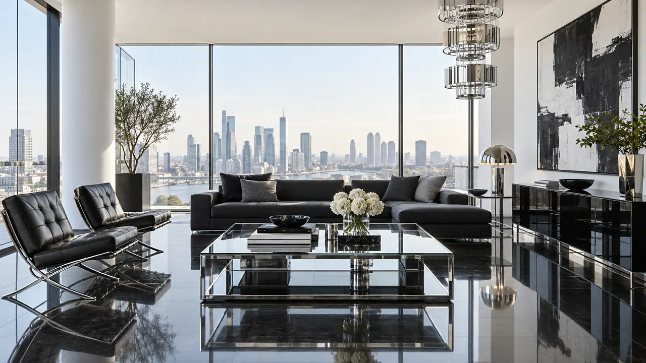 White penthouse with a glossy black floor and a city view