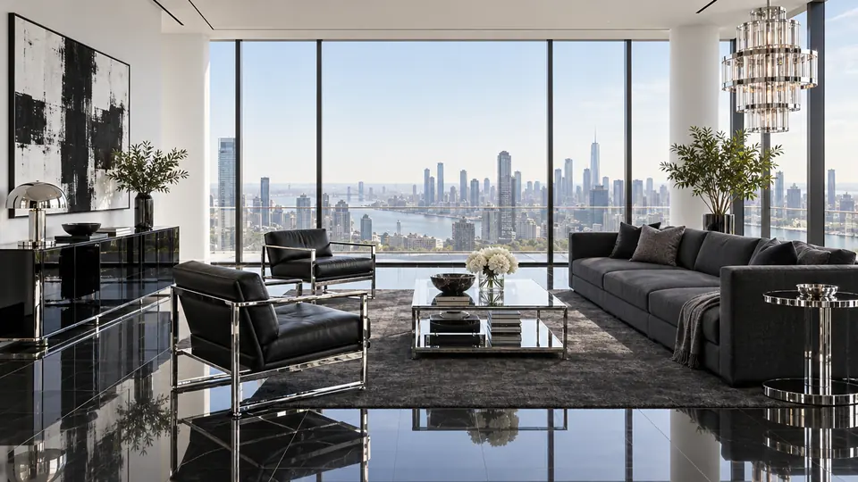Living room with black leather and chrome lounge chairs